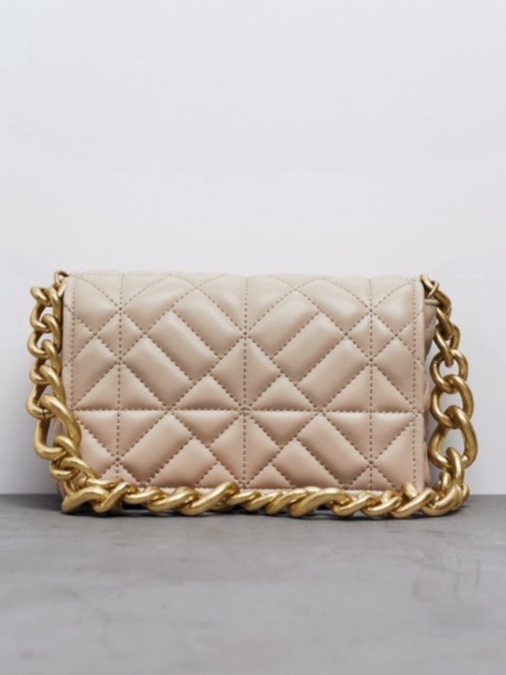 Zara Quilted Chain Shoulder Bag in Beige and Gold